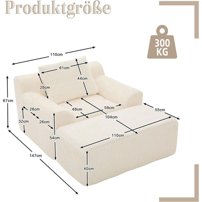 Übergroßer Cord Sessel mit Fußhocker & Seitentaschen – Beige