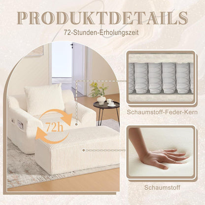 Übergroßer Cord Sessel mit Fußhocker & Seitentaschen – Beige