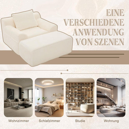 Übergroßer Cord Sessel mit Fußhocker & Seitentaschen – Beige