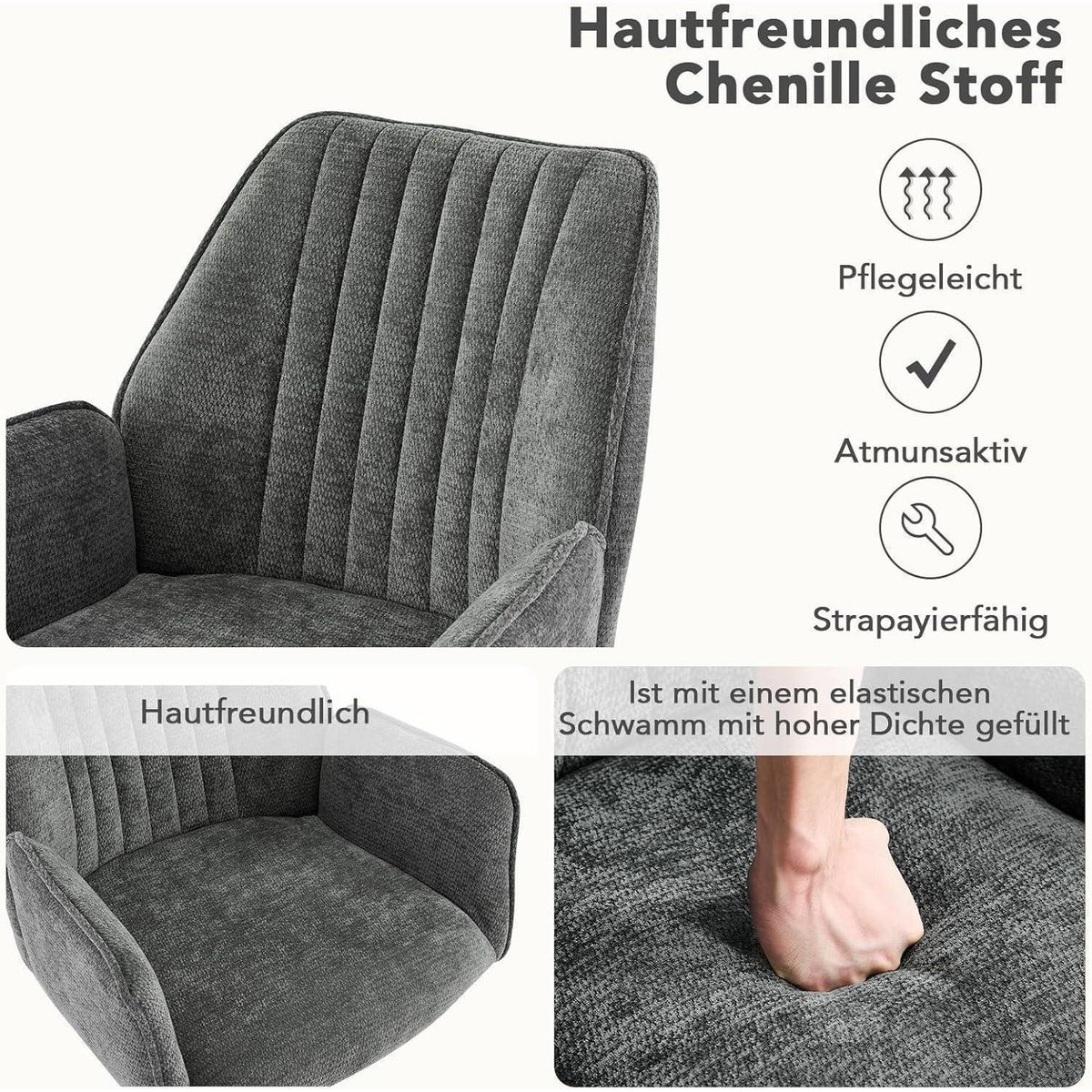 Drehbarer Esszimmerstuhl mit Armlehne & Chenille Bezug - Dunkelgrau (2er Set)
