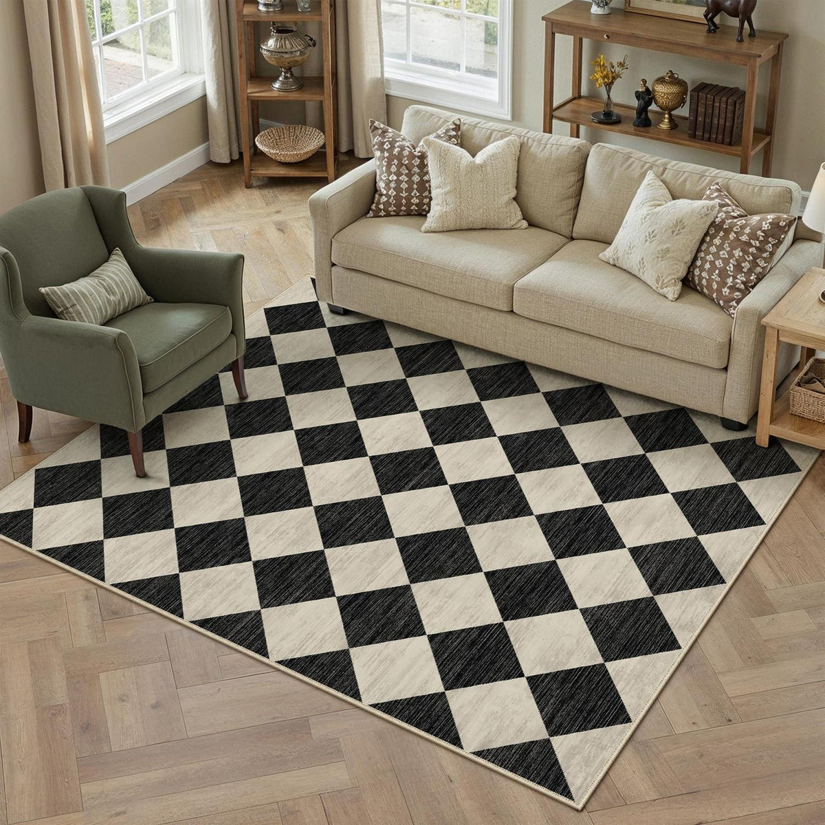 Waschbarer Teppich Schwarz 160x230cm – Modern Kariert & Rutschfest