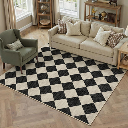 Waschbarer Teppich Schwarz 160x230cm – Modern Kariert & Rutschfest