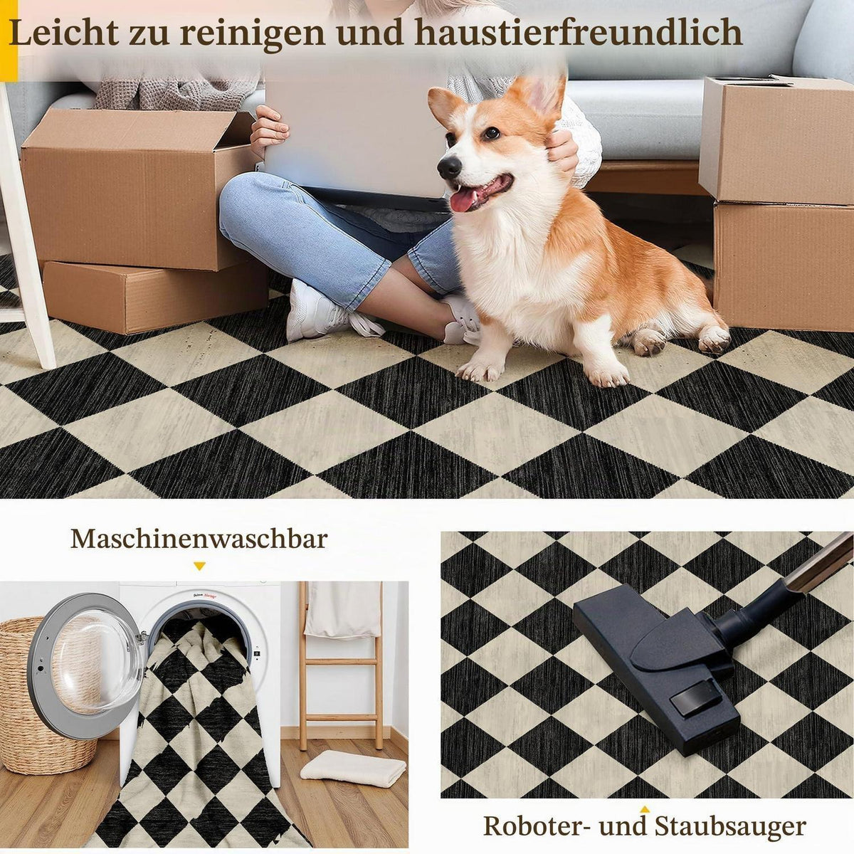Waschbarer Teppich Schwarz 160x230cm – Modern Kariert & Rutschfest