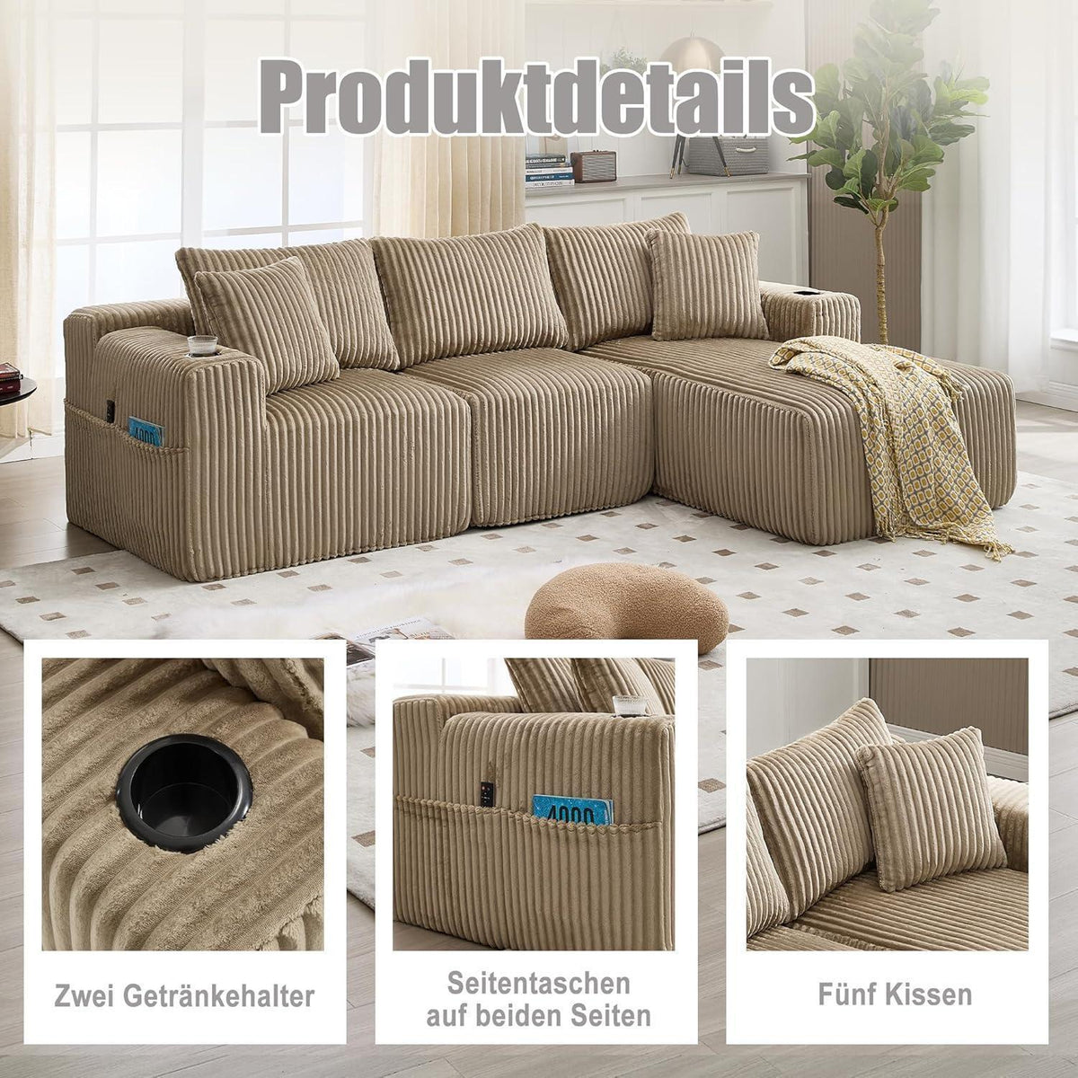 Cordo L-Form Sofa Khaki – Eckcouch mit Getränkehaltern & Taschen