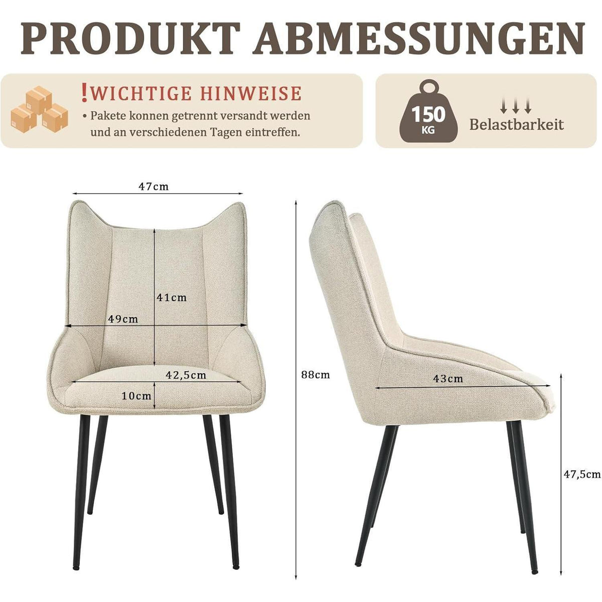 Moderner Esszimmerstuhl Set 4er – Beige, Leinen-Polyester Mix