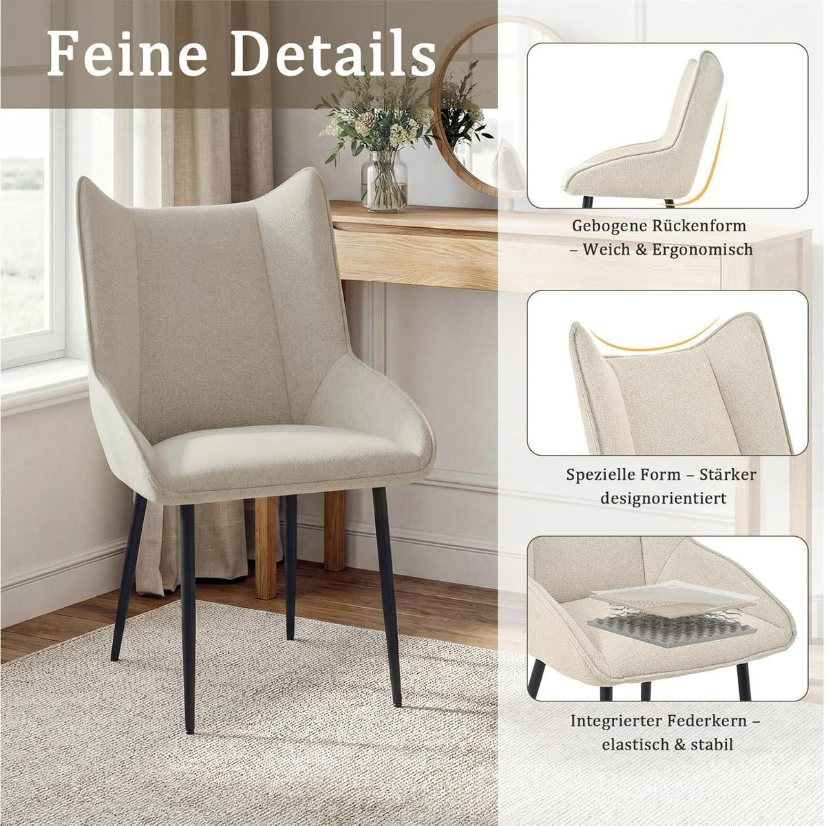 Moderner Esszimmerstuhl 2er Set Beige, Leinen-Polyester Mix
