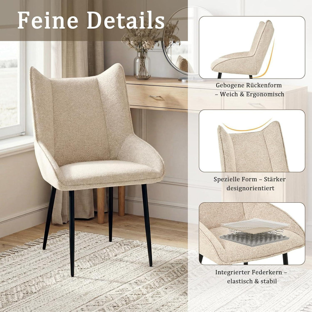 Moderner Esszimmerstuhl Set Creme - Samt, Verstellbare Füße