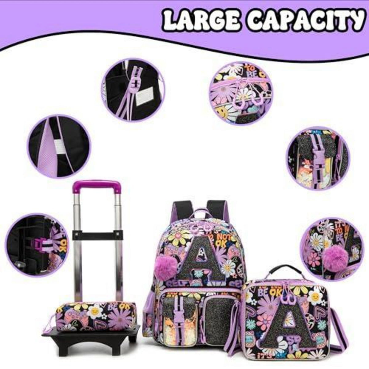 Schultrolley Rucksack Mädchen mit Rollen & Zubehör Set