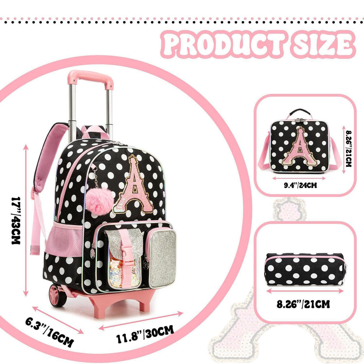 Schulranzen mit Rollen für Mädchen – Trolley Set mit Lunchtasche & Federmäppchen
