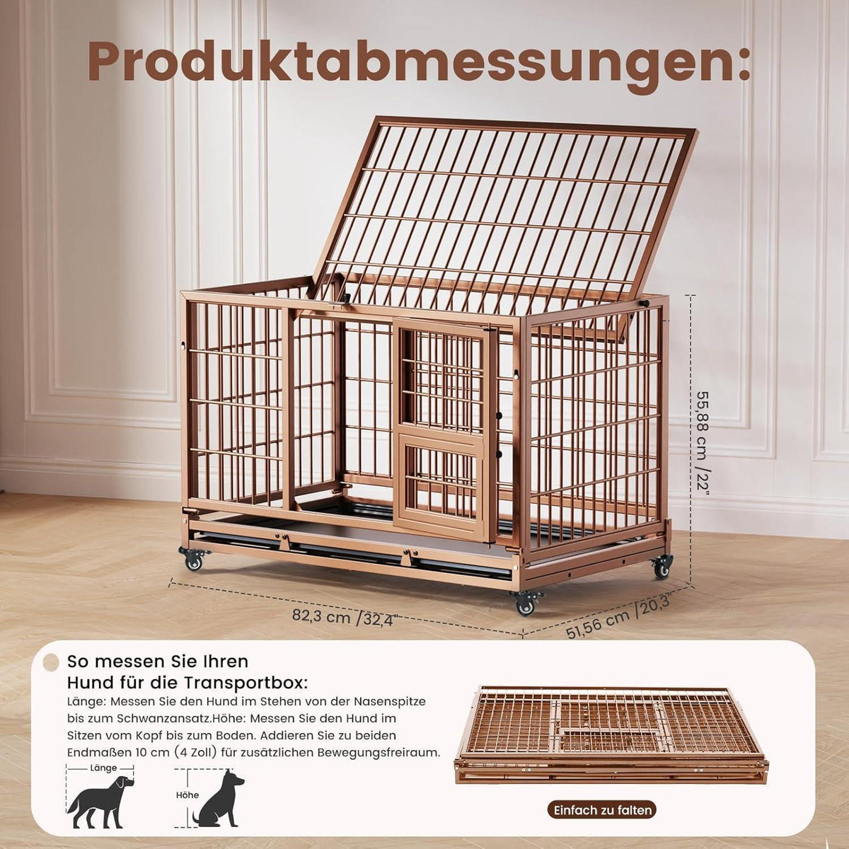 Faltbarer Hundekäfig mit 3 Türen – Braun, 82x52x56 cm