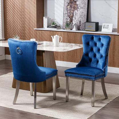 Esszimmerstuhl Set 2er – Samt, Blau & Chrom, Hohe Rückenlehne