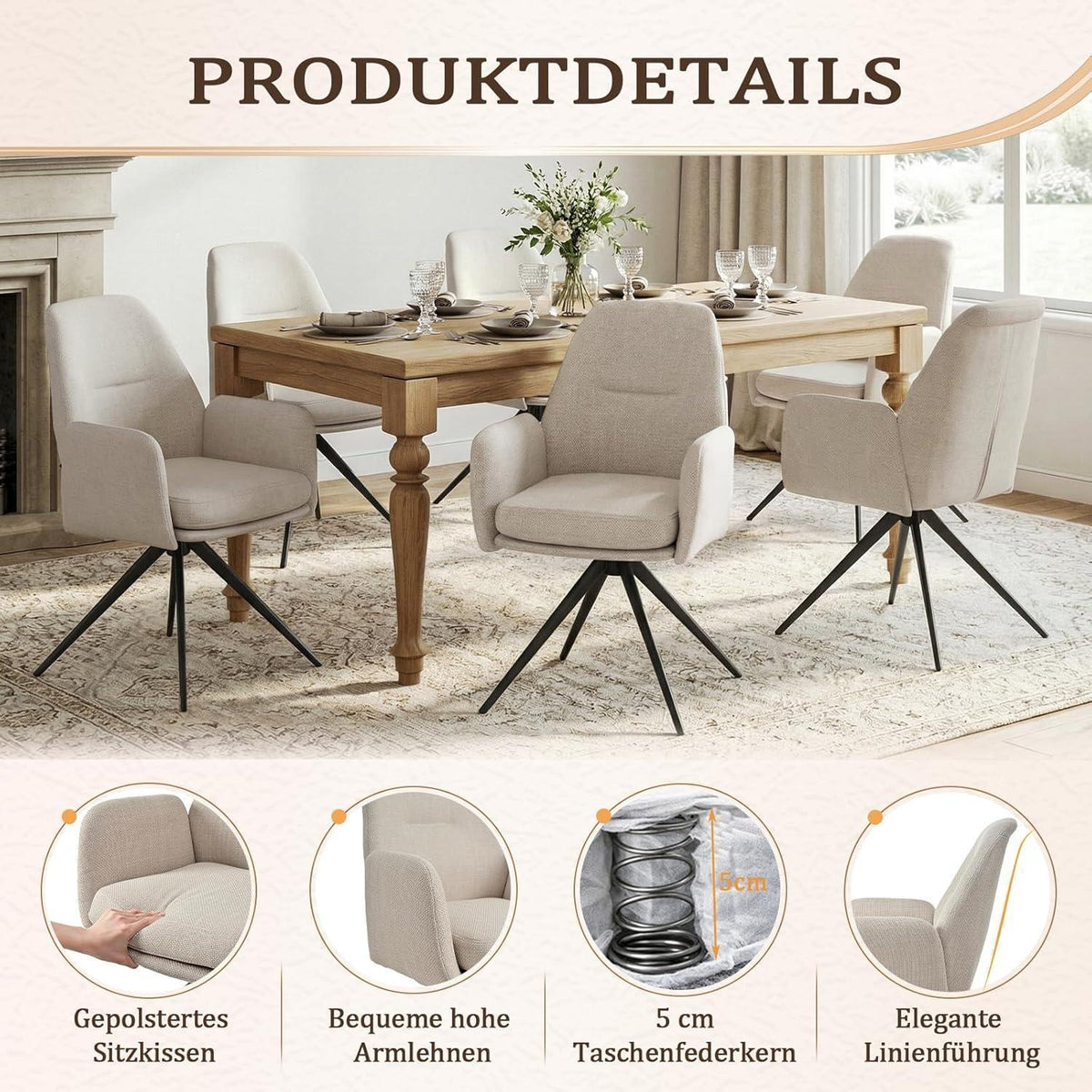 Drehbarer Esszimmerstuhl Beige 2er Set mit Armlehnen