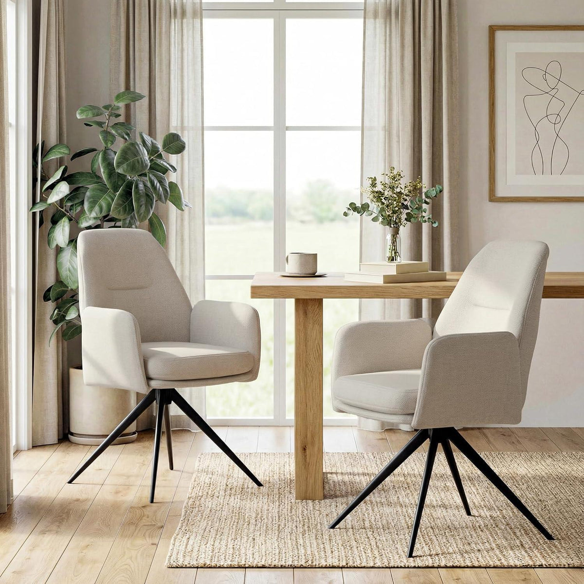 Drehbarer Esszimmerstuhl Beige 2er Set mit Armlehnen