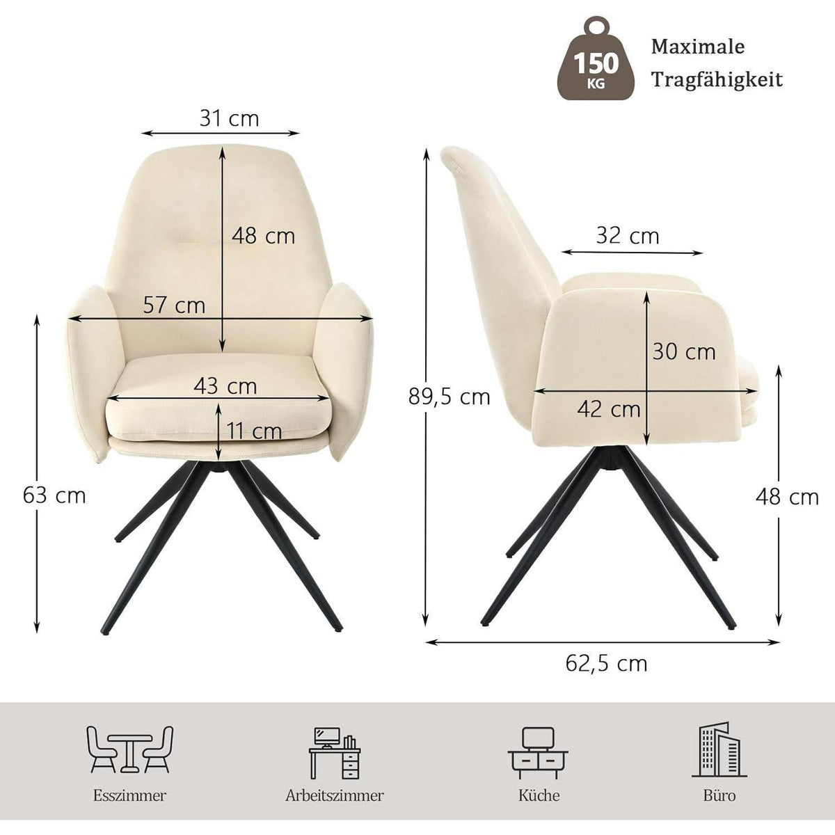 360° Esszimmerstühle Set aus Samt, Cremeweiß – 4er Set