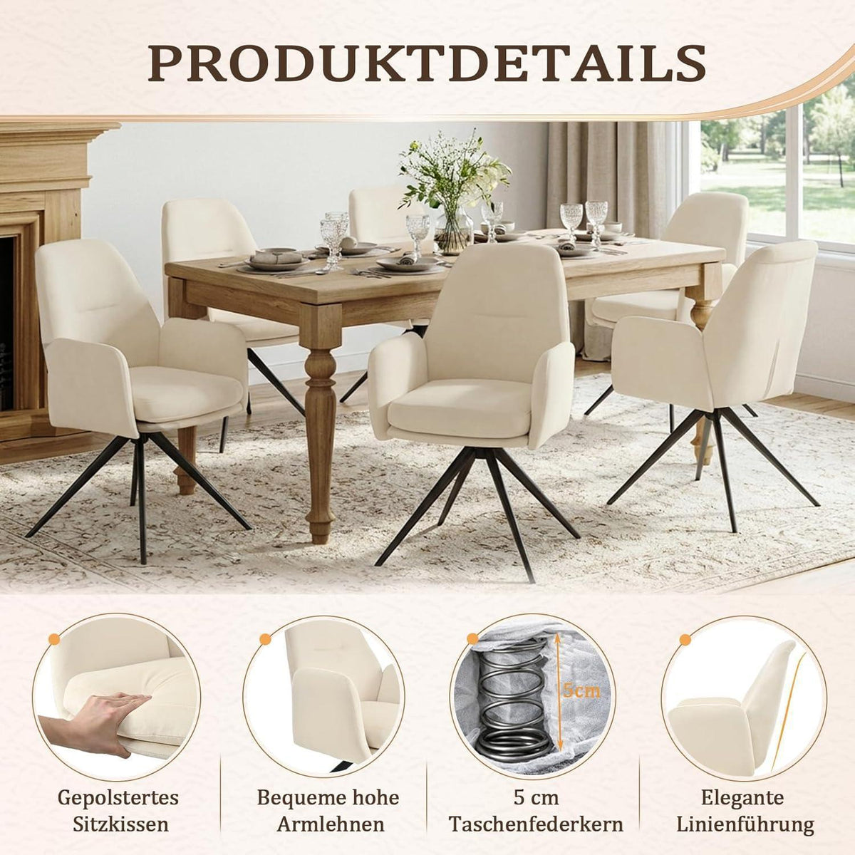 360° Esszimmerstühle Set aus Samt, Cremeweiß – 4er Set