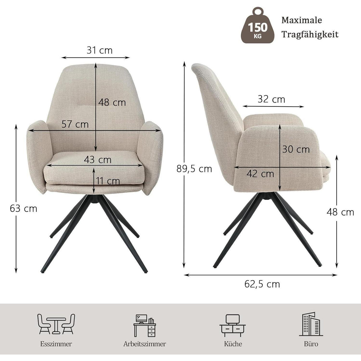 Drehbarer Esszimmerstuhl Set 4er – Beige, Gepolstert & Modern