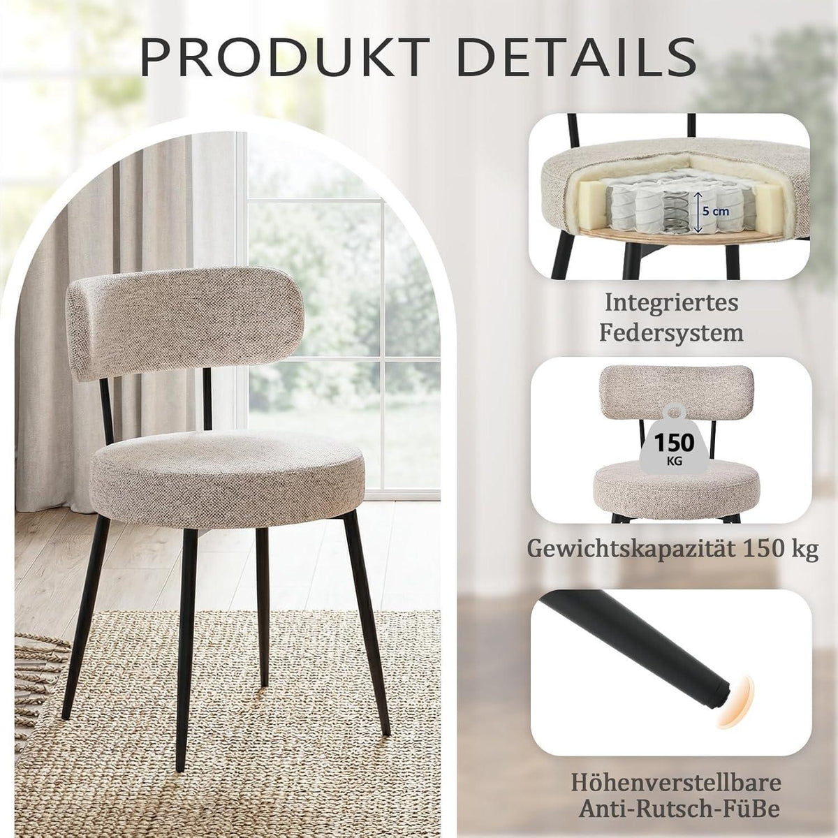 Esszimmerstühle 6er Set Bouclé Braun | Gepolsterte Küchenstühle Modern