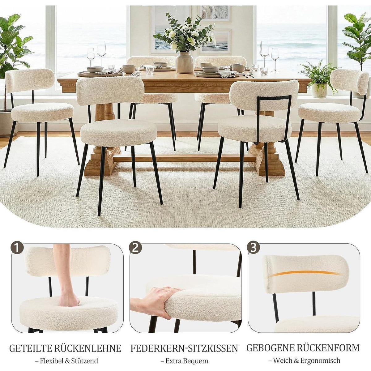 Esszimmerstühle 6er Set Bouclé Teddy Stoff Beige