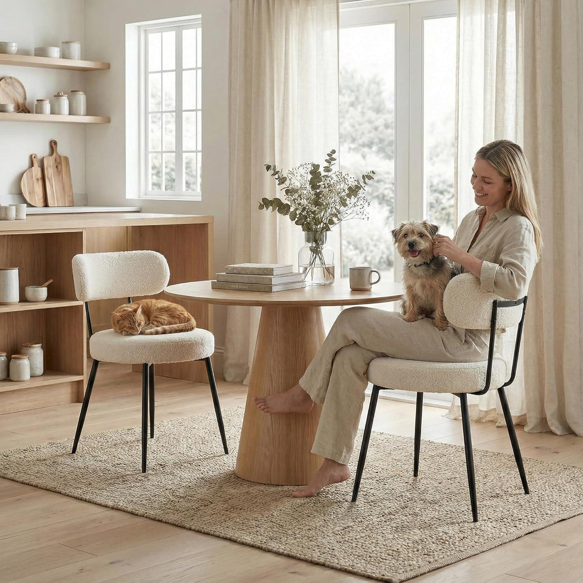 Esszimmerstühle 6er Set Bouclé Teddy Stoff Beige