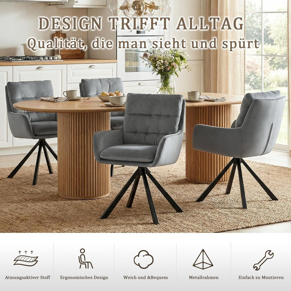Drehbarer Esszimmerstuhl Set 2x – Hellgrau Samt, 360° Komfort