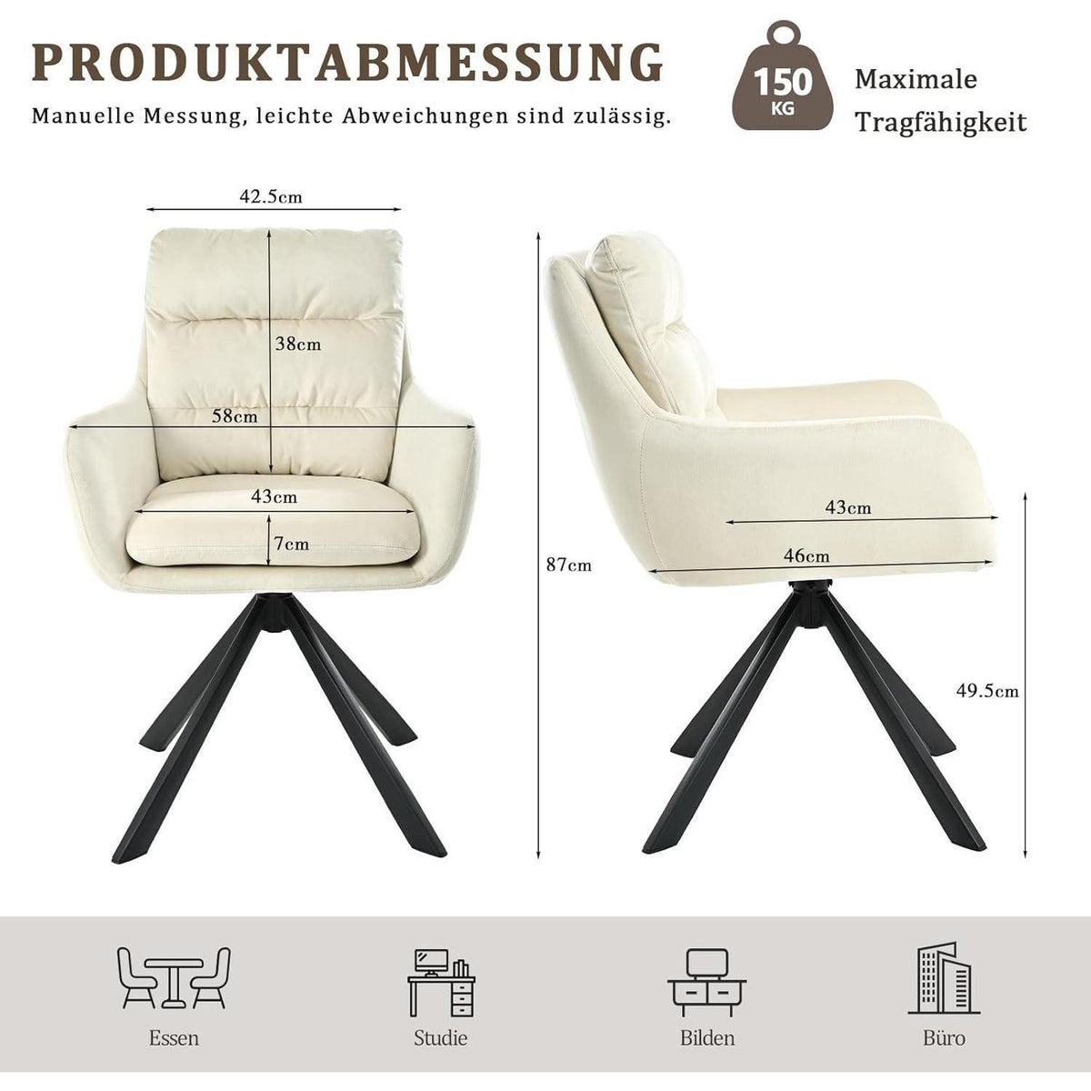 Drehbarer Esszimmerstuhl Set 2er – Cremeweiß, Polster Komfort