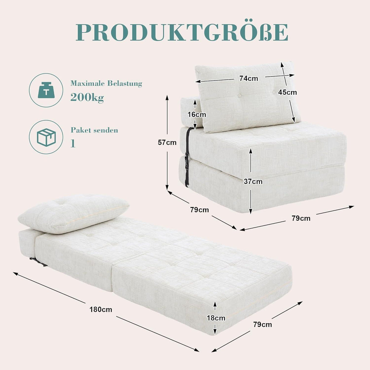 Klappbares Schlafsofa mit Kissen | Boneless Couch für Wohnzimmer