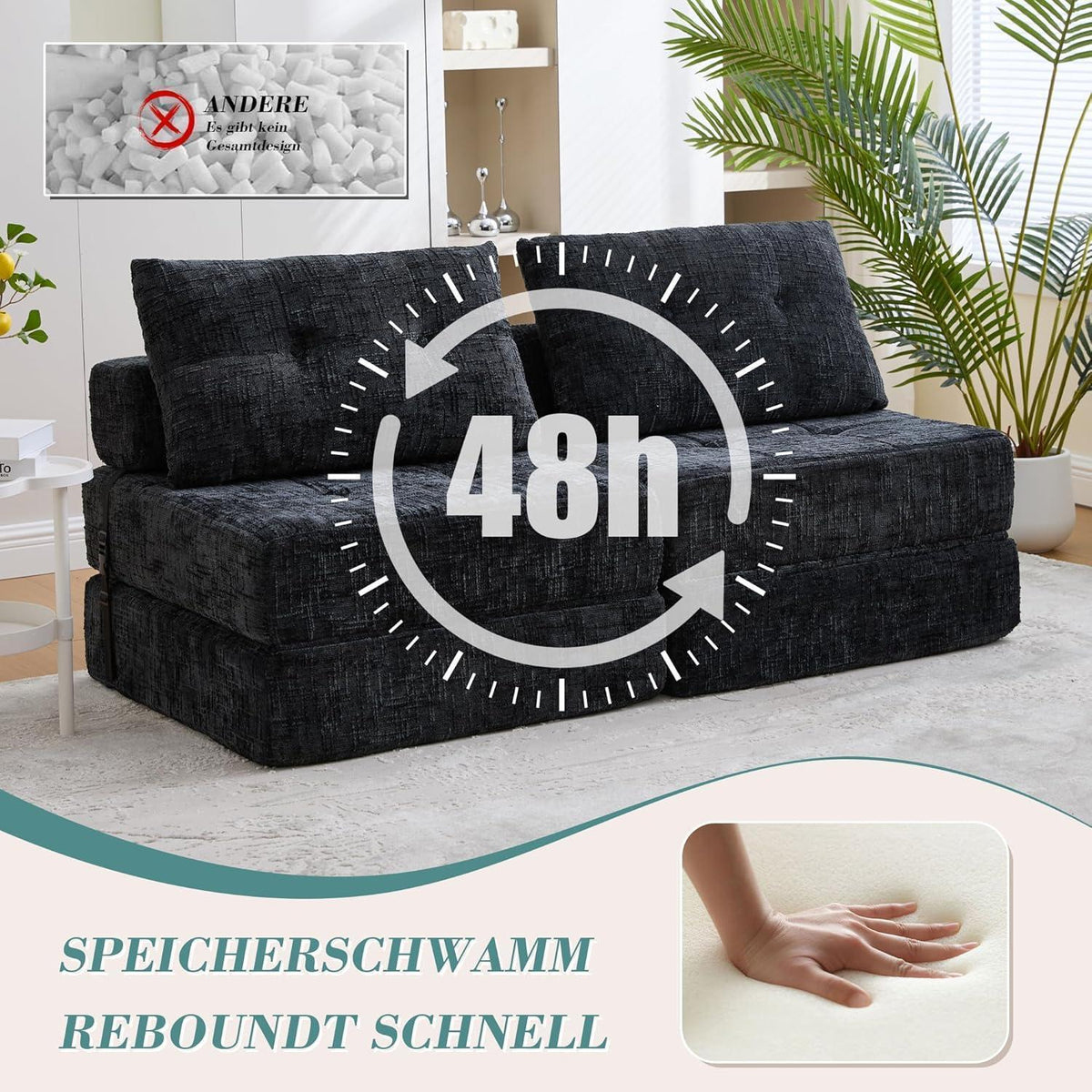 Klappbares Schlafsofa mit Kissen | Boneless Couch Schwarz