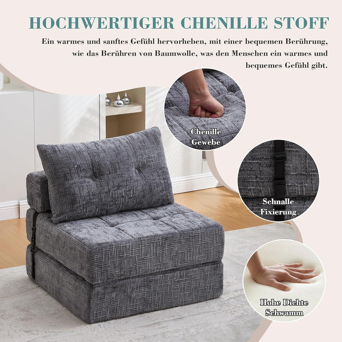 Klappbares Schlafsofa mit Kissen – Grau, Komfort & Platzsparend