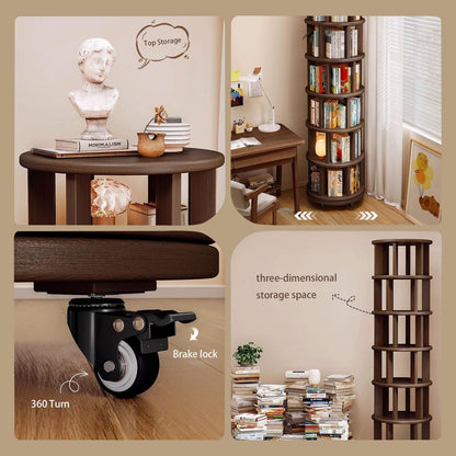 Drehbares Bücherregal Holz 360° Kinderzimmer Regal mit Rollen