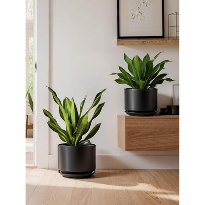 Keramik Pflanztopf 20cm Schwarz mit Untersetzer & Drainage