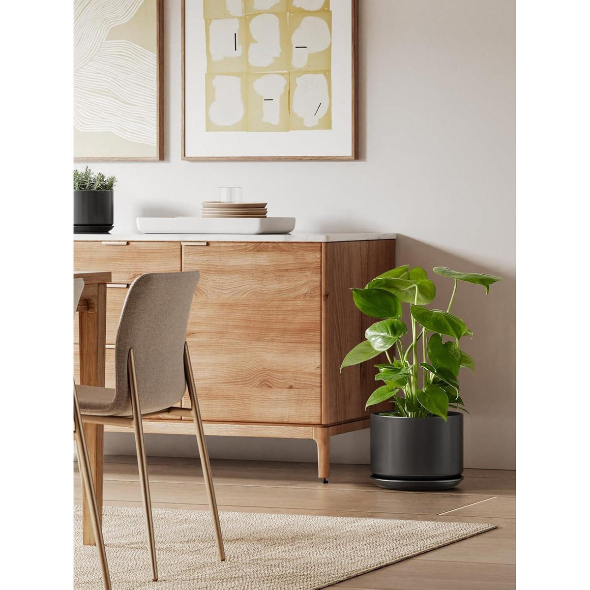 Keramik Blumentopf 25cm mit Untersetzer & Drainageloch, Schwarz