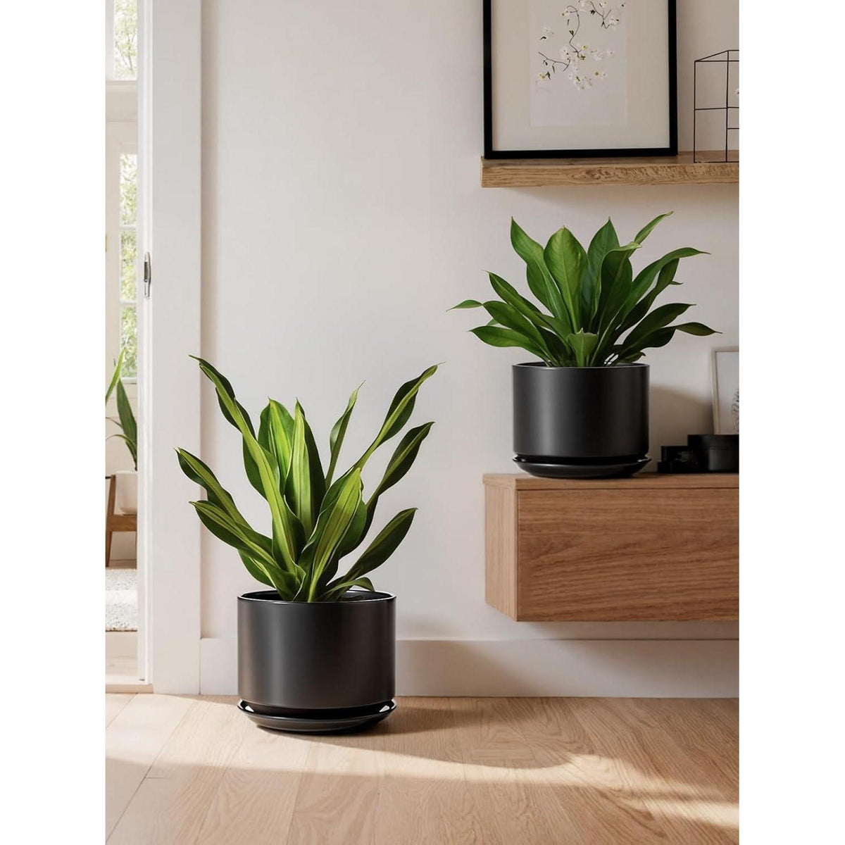 Keramik Blumentopf 25cm mit Untersetzer & Drainageloch, Schwarz