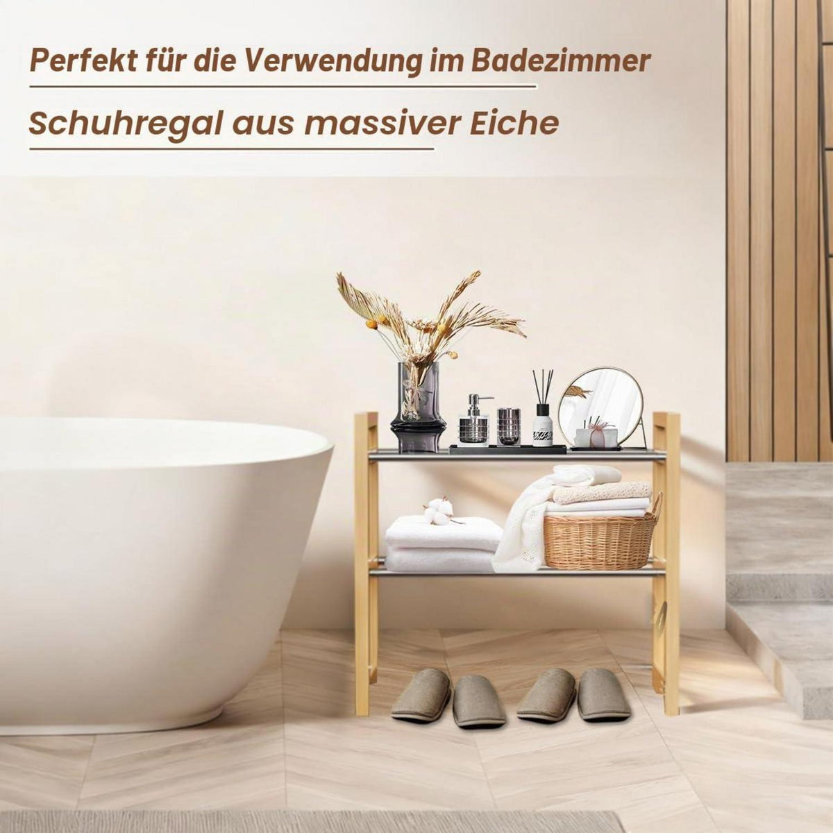 Holz Schuhregal Eiche 2-stöckig, Erweiterbar & Platzsparend