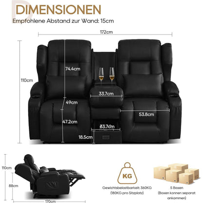 2er Relaxsessel mit Liegefunktion & Konsole – Schwarz