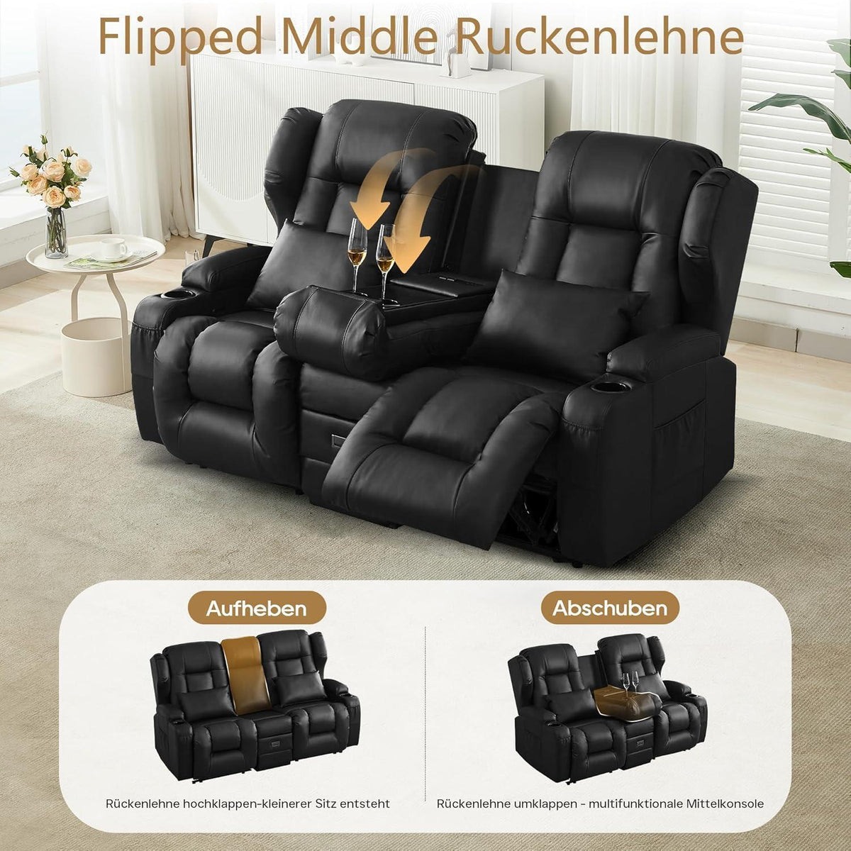 2er Relaxsessel mit Liegefunktion & Konsole – Schwarz