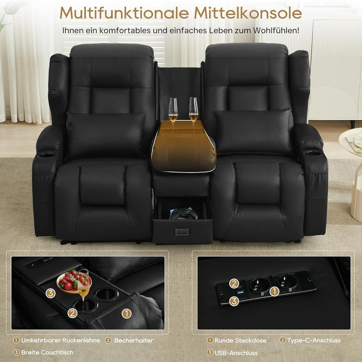 2er Relaxsessel mit Liegefunktion & Konsole – Schwarz