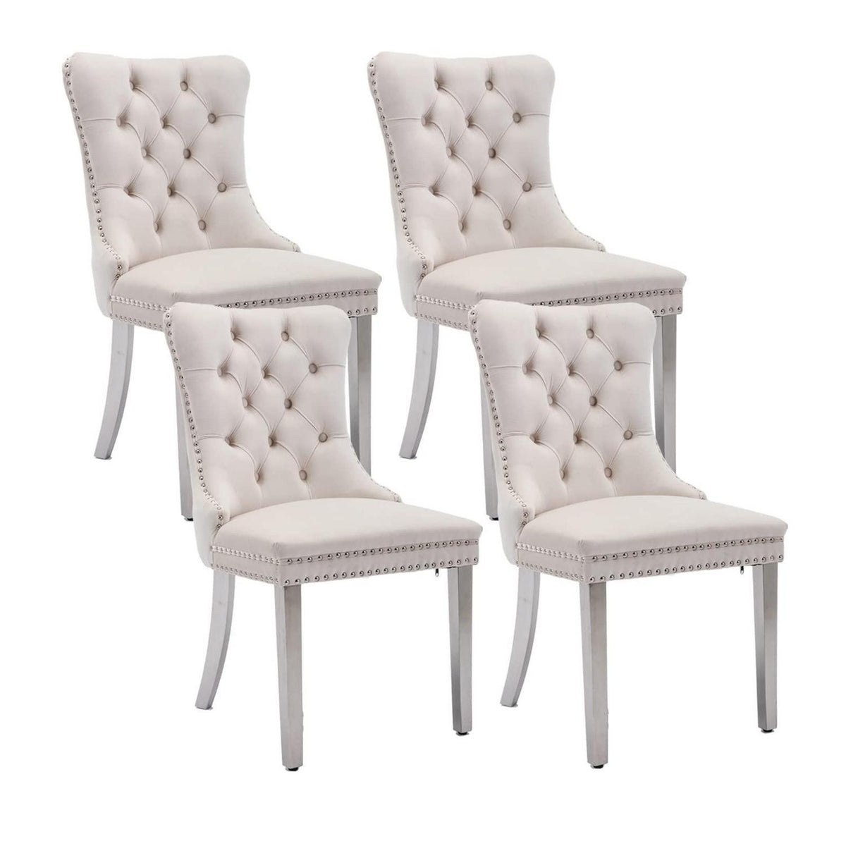 Samt Esszimmerstühle 4er Set mit Edelstahlbeinen – Beige