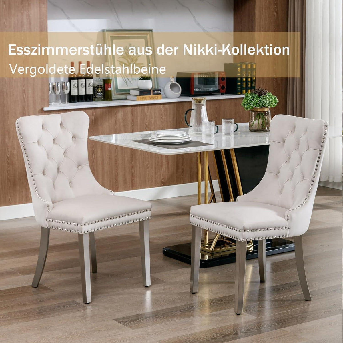 Samt Esszimmerstühle 4er Set mit Edelstahlbeinen – Beige