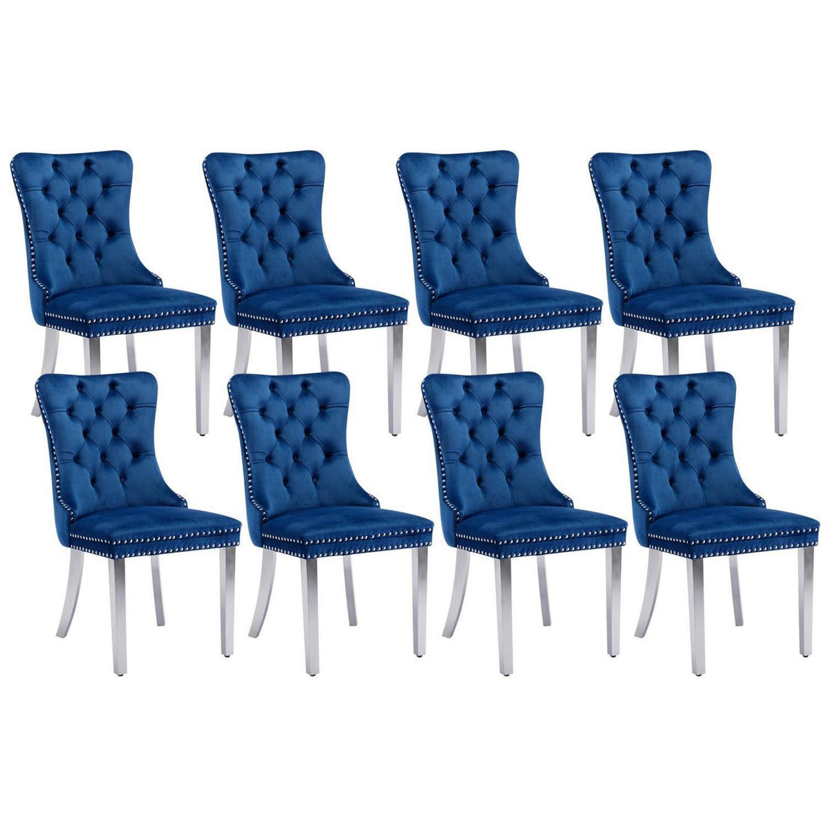8x Samt Esszimmerstühle mit Edelstahlbeinen – Blau