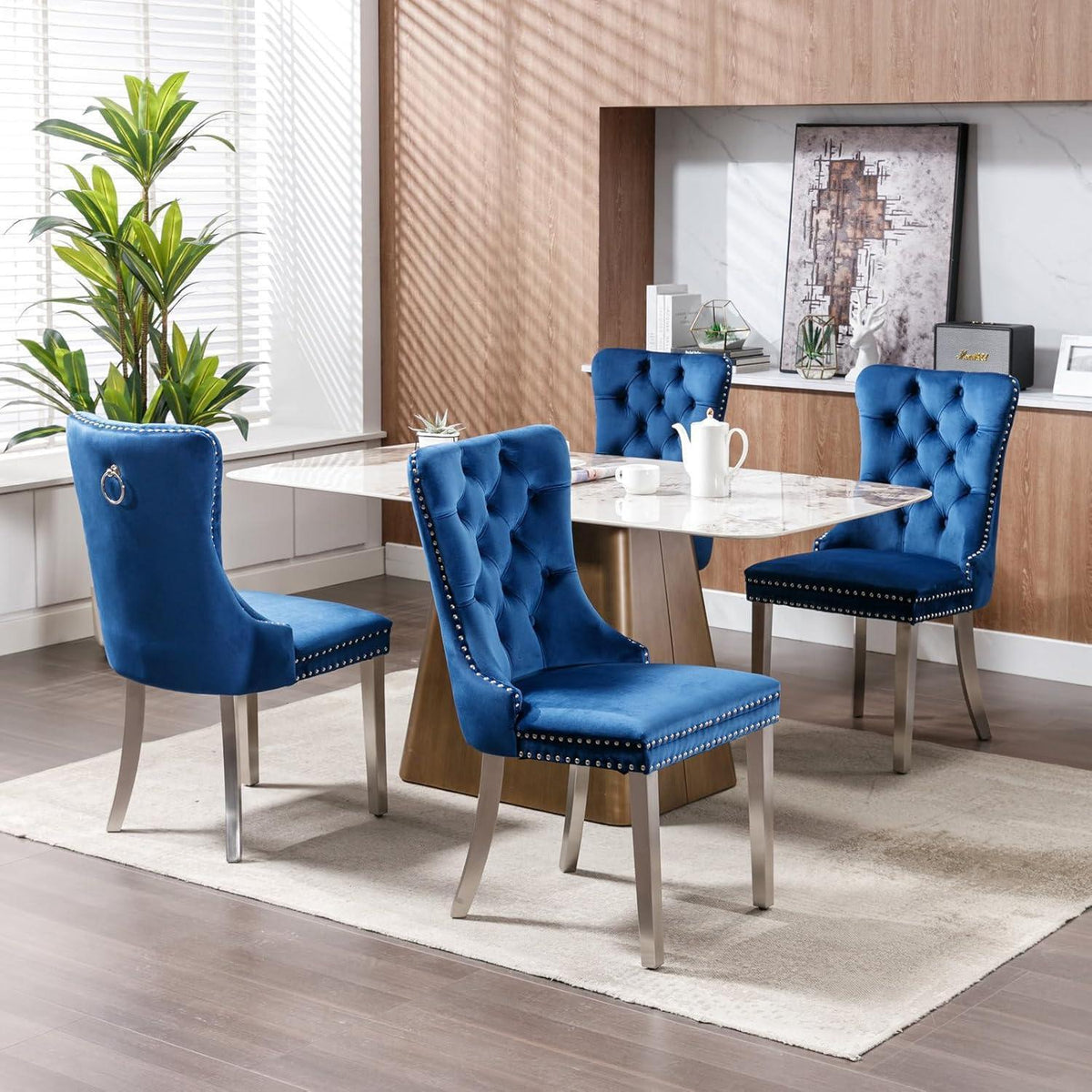8x Samt Esszimmerstühle mit Edelstahlbeinen – Blau