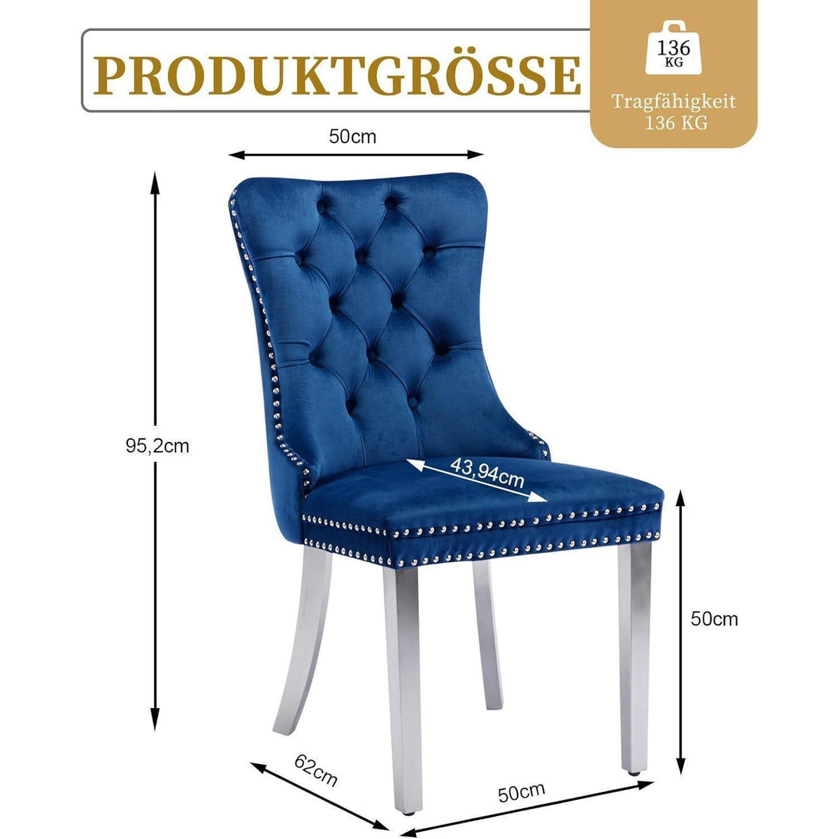 8x Samt Esszimmerstühle mit Edelstahlbeinen – Blau