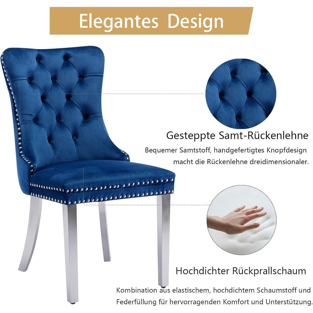 8x Samt Esszimmerstühle mit Edelstahlbeinen – Blau