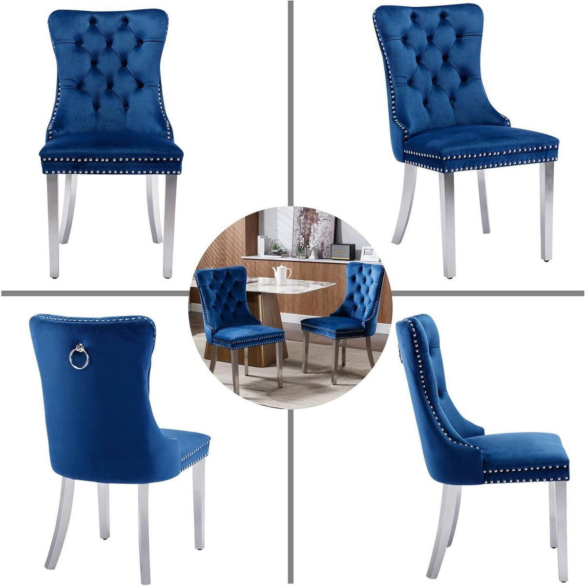8x Samt Esszimmerstühle mit Edelstahlbeinen – Blau