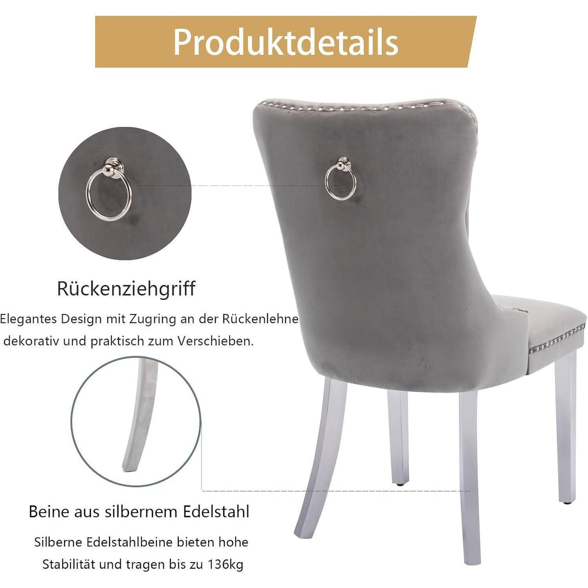 Samt Esszimmerstühle 6er Set mit Edelstahlbeinen Grau