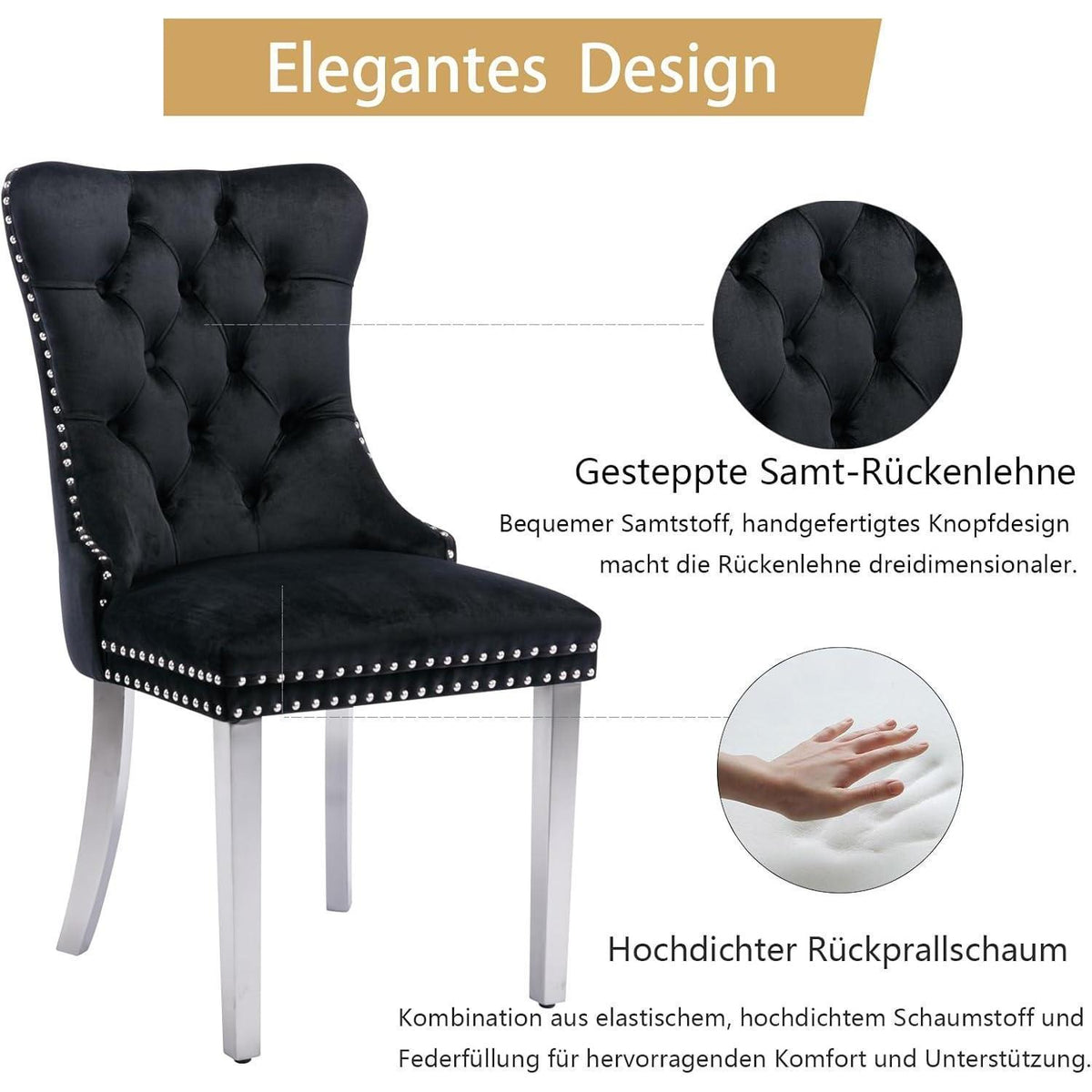 Samt Esszimmerstühle 6er Set mit Edelstahlbeinen Schwarz