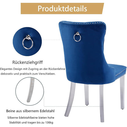 Samt Esszimmerstühle 6er Set mit Edelstahlbeinen (Blau)