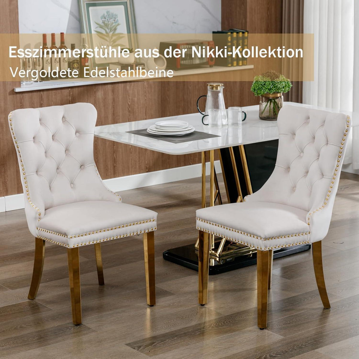 Samt Esszimmerstühle 2er Set mit goldenen Beinen