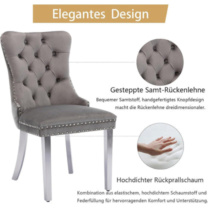 Samt Esszimmerstühle 4er Set mit Edelstahlbeinen (Grau)