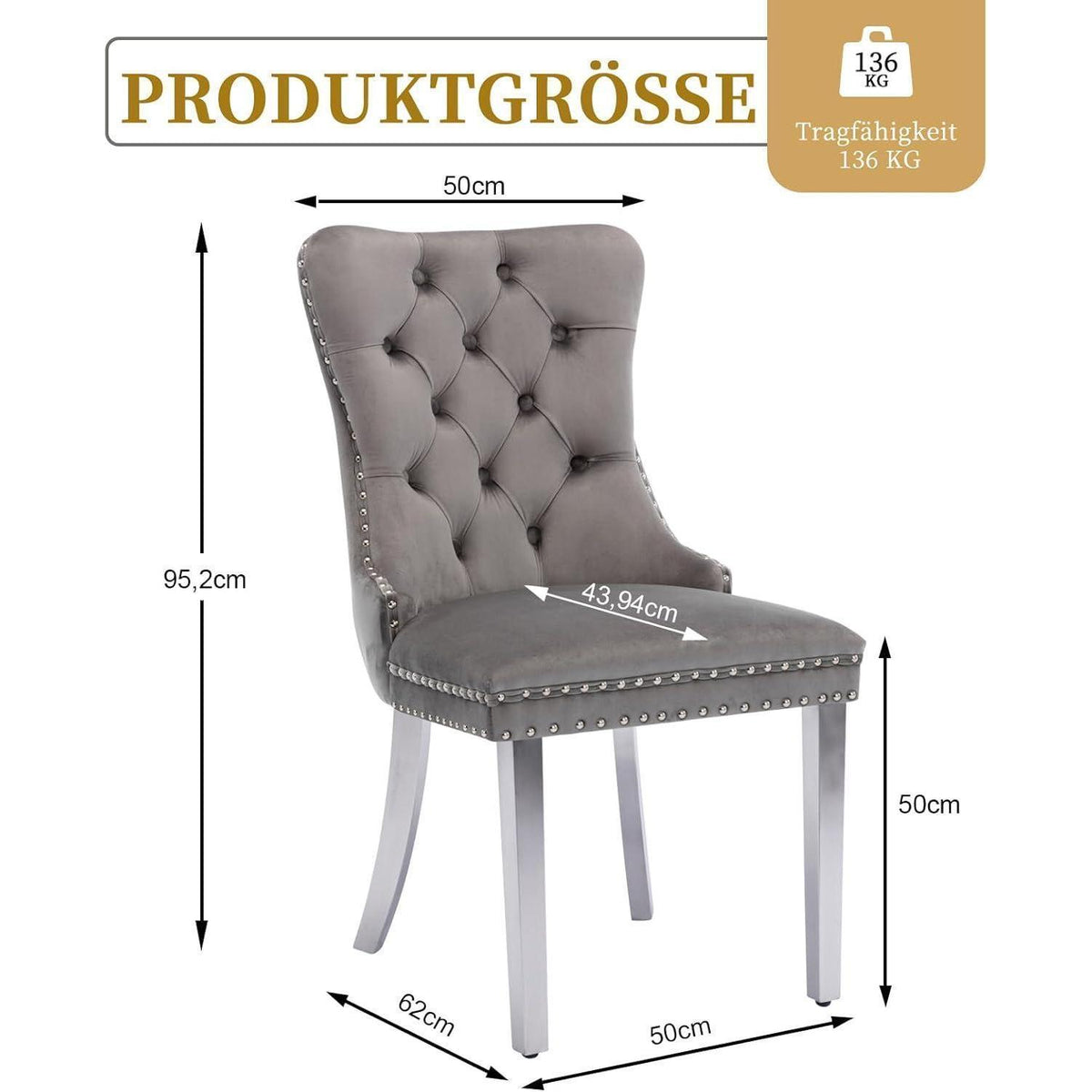 Gepolsterte Esszimmerstühle 2er-Set Grau mit Edelstahlbeinen