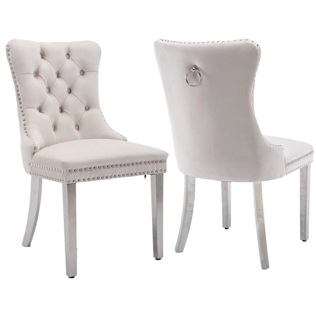 Gepolsterte Esszimmerstühle 2er-Set, Beige mit Edelstahlbeinen